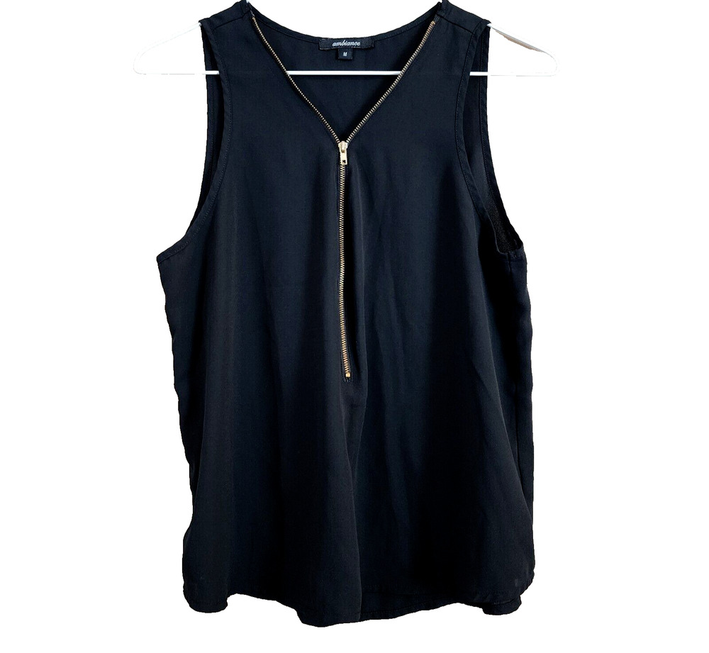 Ambiance Womens Pullover Sleeveless Blouse Size M Black Sheer 1/2 Zip Top